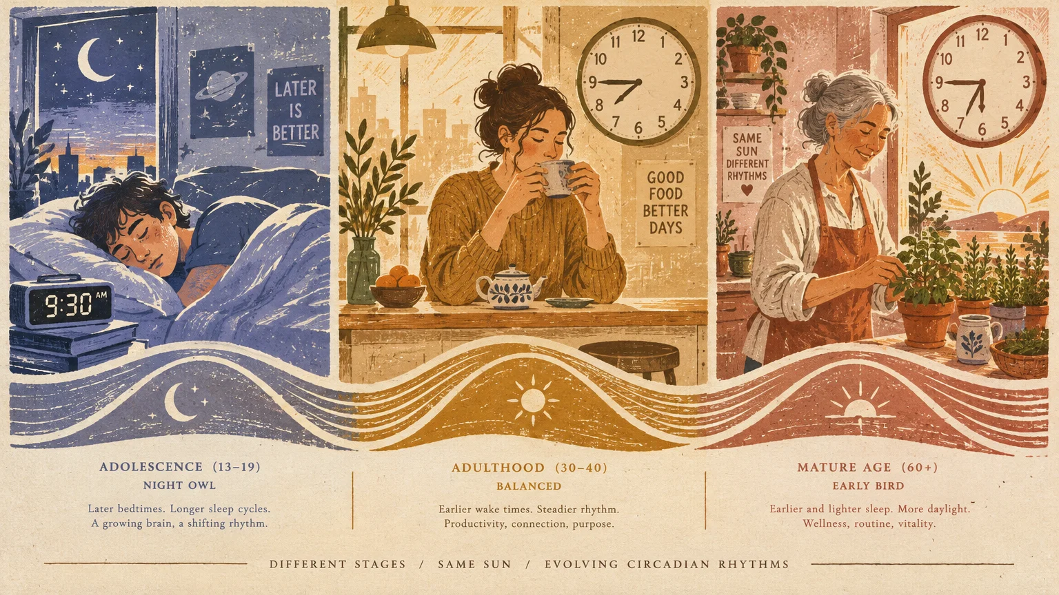 Three-panel illustration showing morning routines across life stages: sleeping teen, adult drinking tea, and elderly gardener.