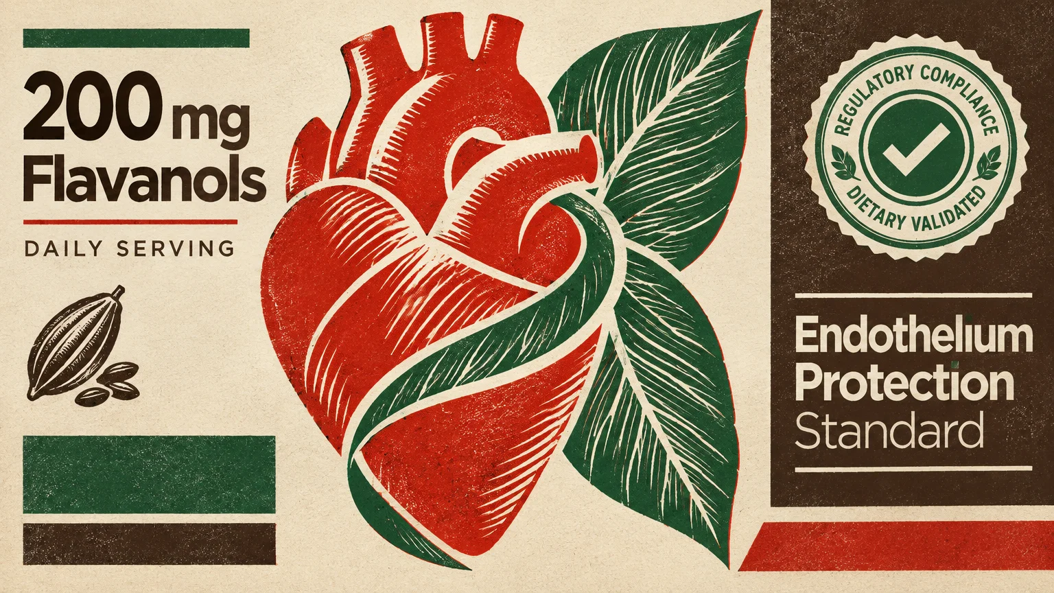 Stylized illustration of an anatomical heart entwined with green leaves beside a cocoa pod and regulatory compliance badge.