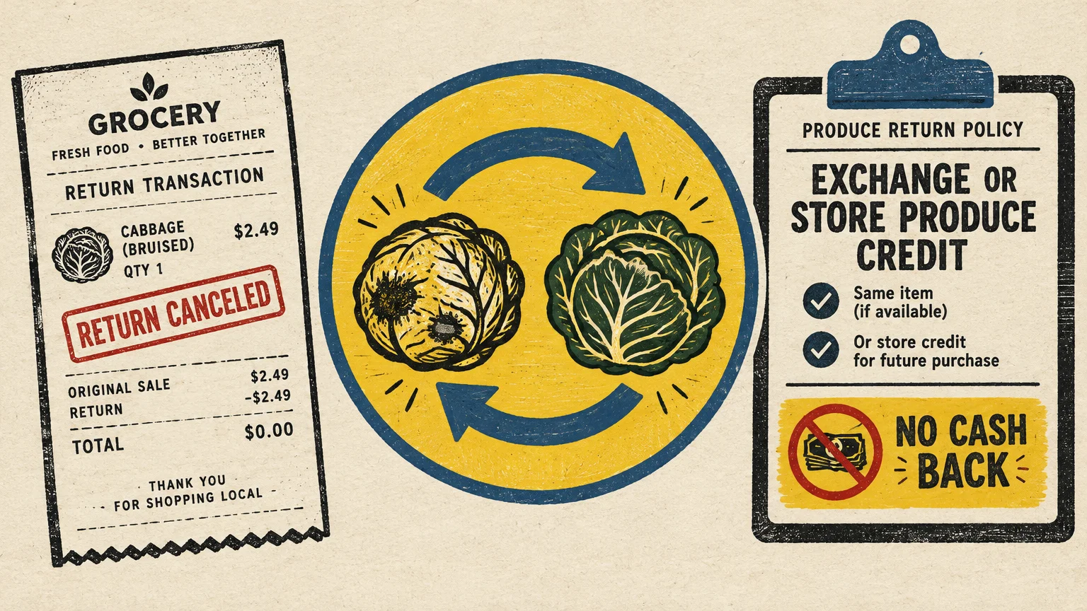 A grocery receipt, a cabbage exchange diagram, and a clipboard showing a produce return policy with no cash back.