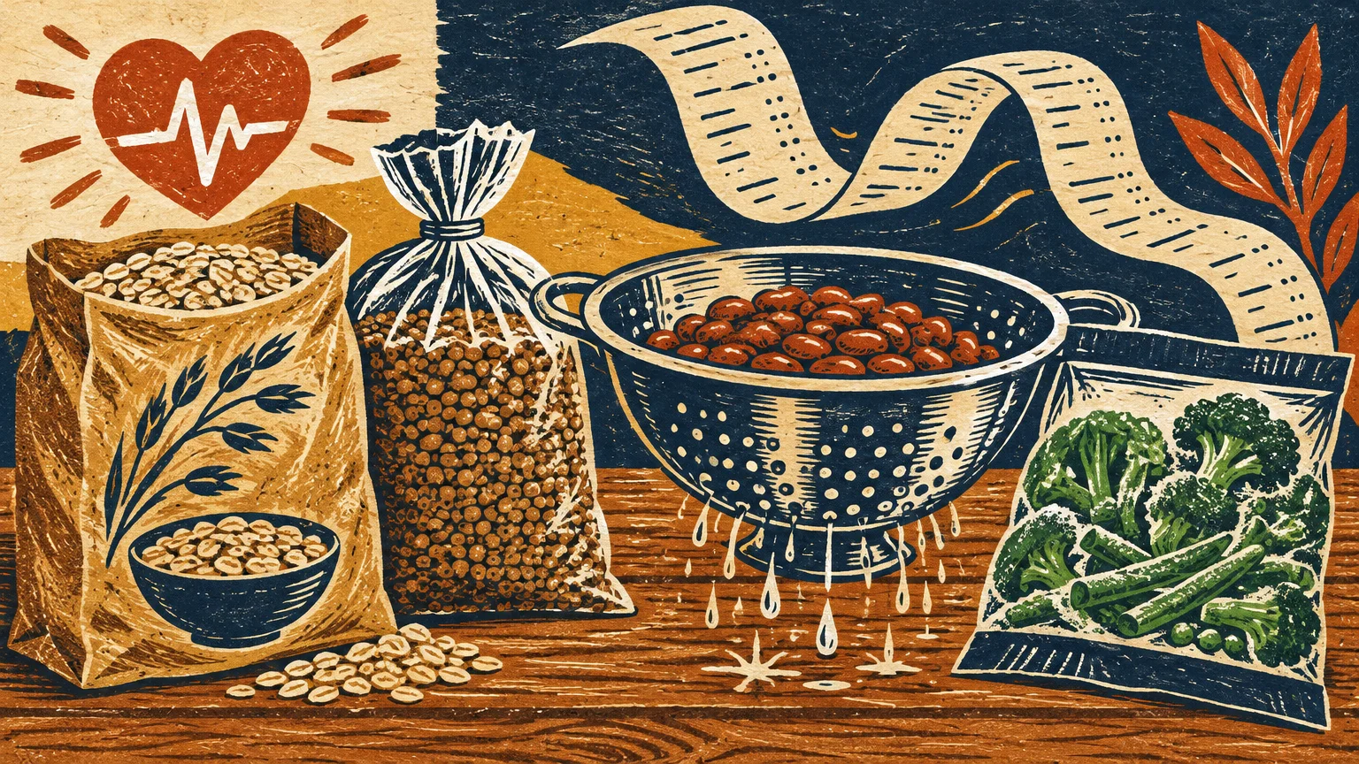 Linocut illustration of oats, lentils, rinsed beans in a colander, and frozen vegetables next to a long grocery receipt.
