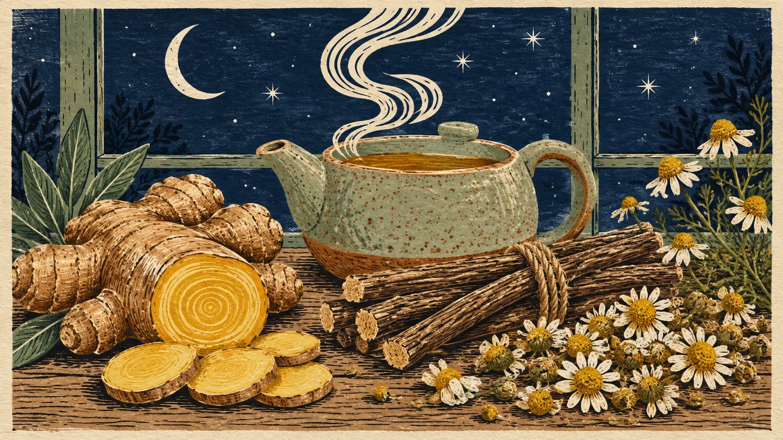 Steaming ceramic teapot with sliced ginger, licorice sticks, and chamomile flowers on a wooden sill before a starry night.