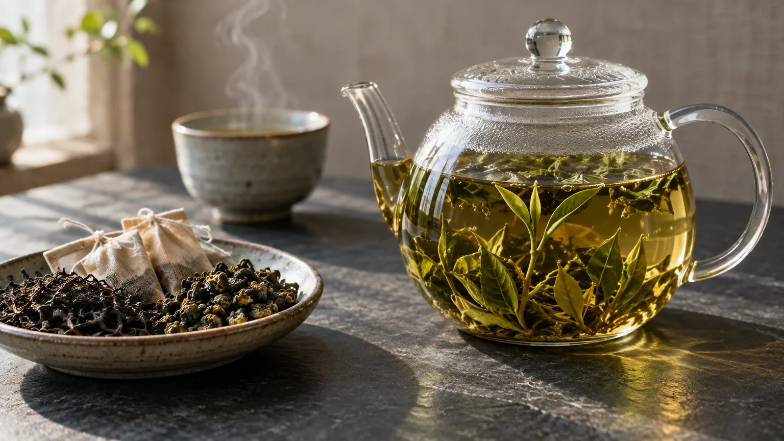 Clear glass teapot steeping green tea leaves next to a bowl of dried tea varieties, tea bags, and a steaming teacup.