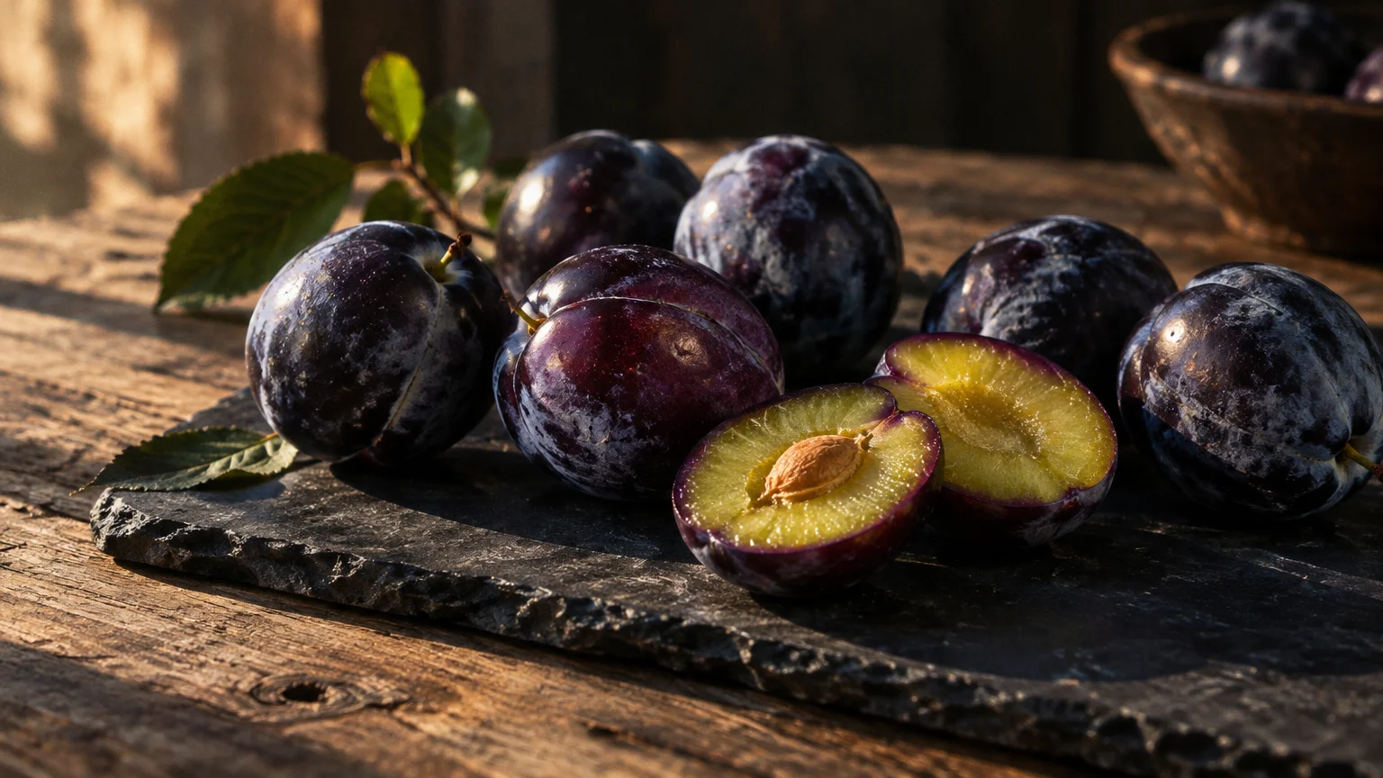 Whole purple plums and two halves showing yellowish-green flesh on a slate board over a wooden table.