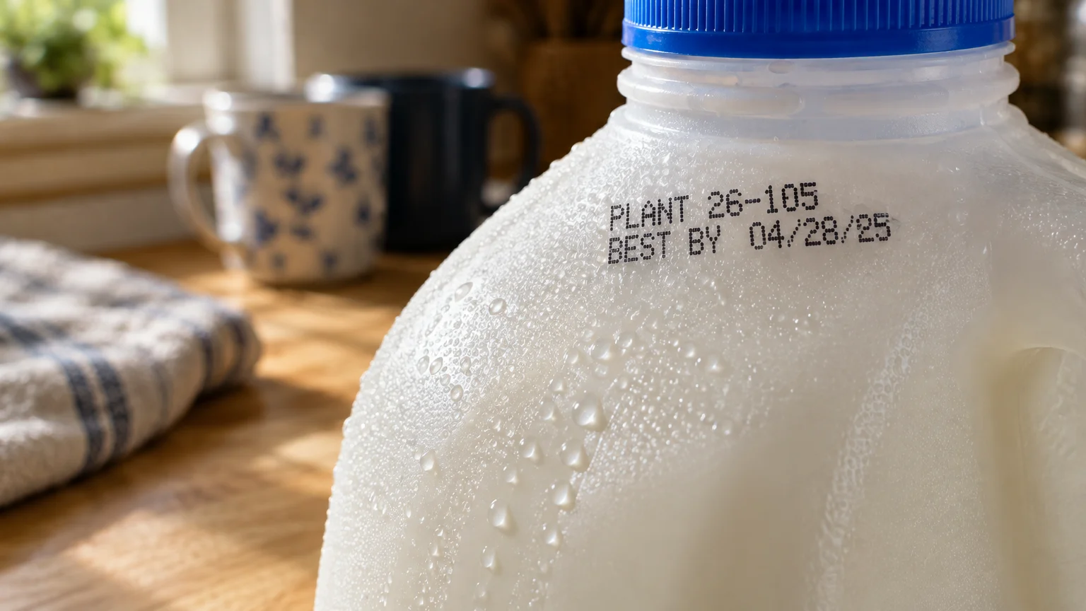 Close-up of a plastic milk jug with condensation and a stamped code reading PLANT 26-105 BEST BY 04/28/25.