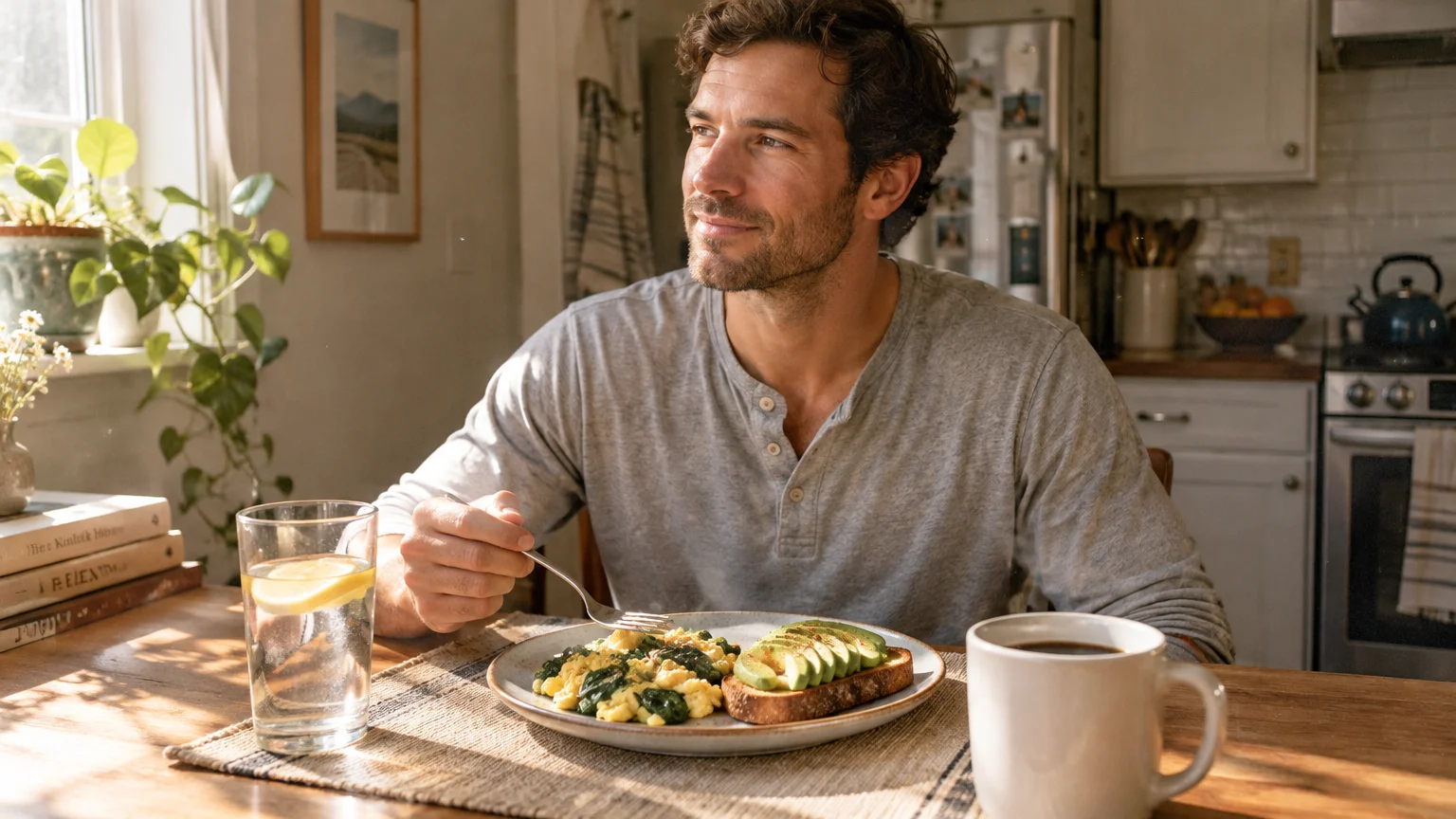 A man sits at a kitchen table eating scrambled eggs and avocado toast next to a mug of coffee and water.