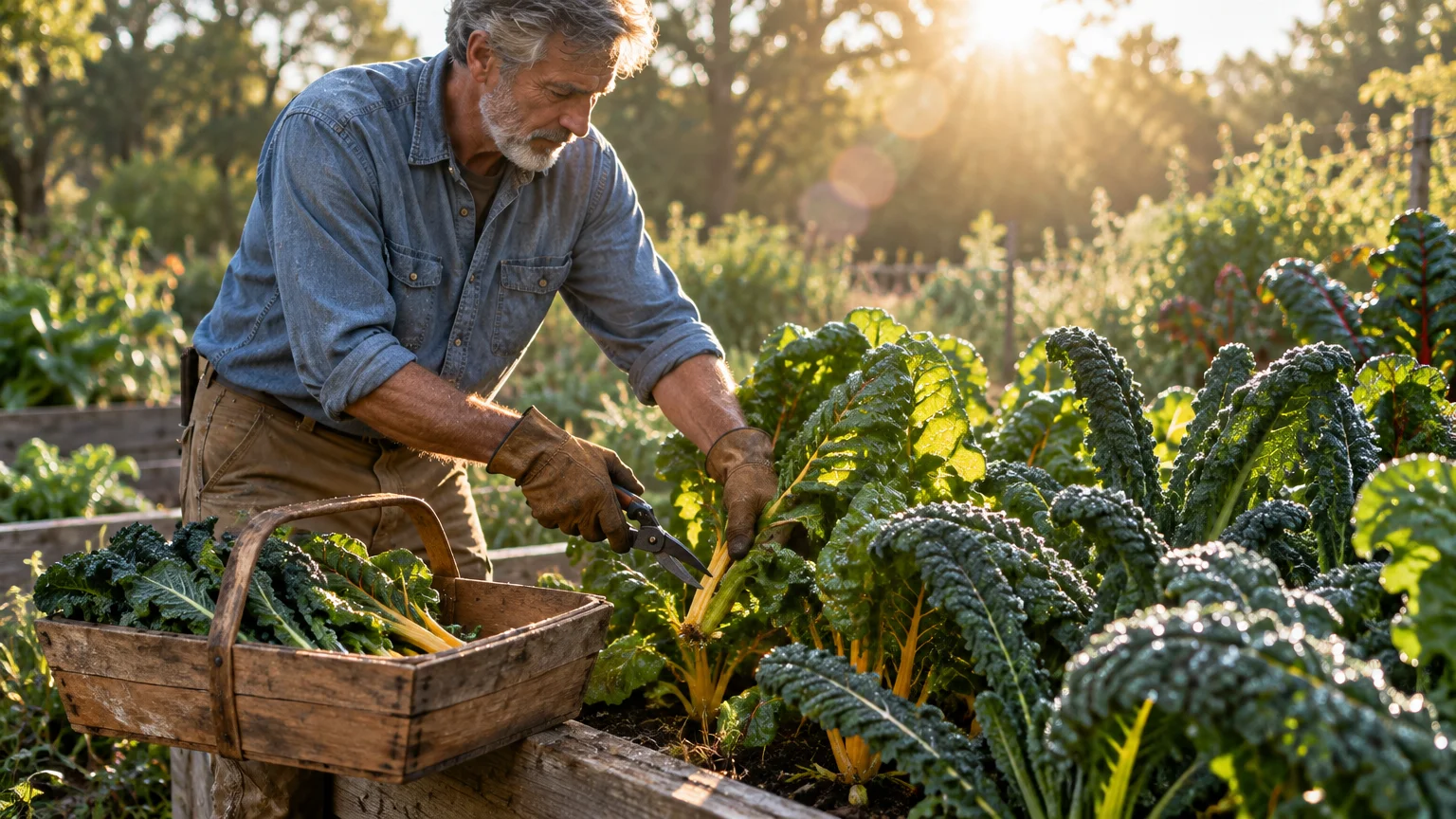 A man harvesting leafy green vegetables with shears into a wooden basket in a sunlit garden.