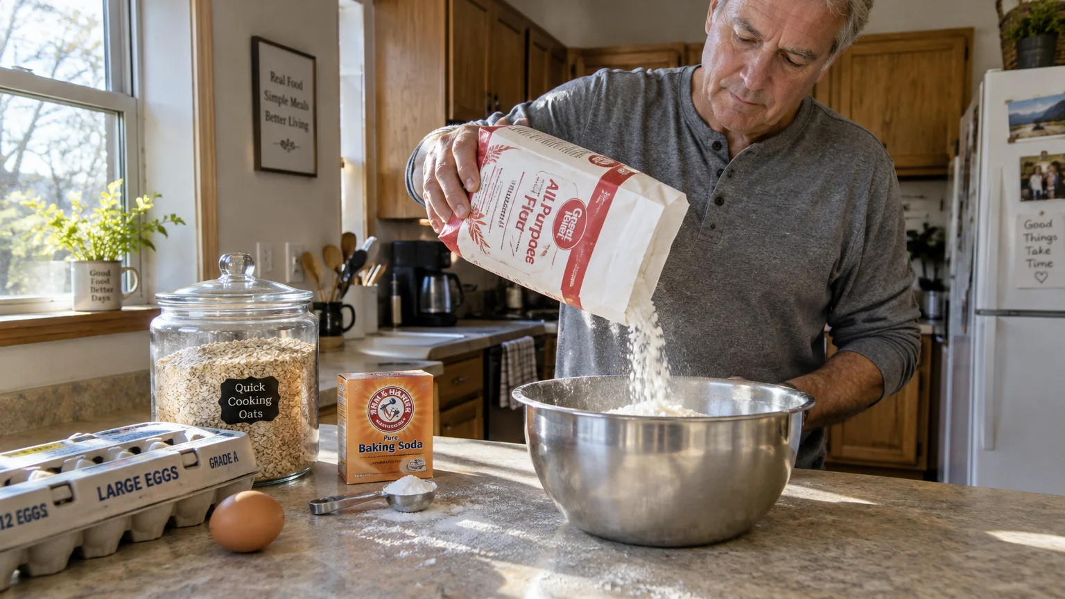 A man pours all-purpose flour from a paper bag into a metal bowl on a kitchen counter near eggs, oats, and baking soda.
