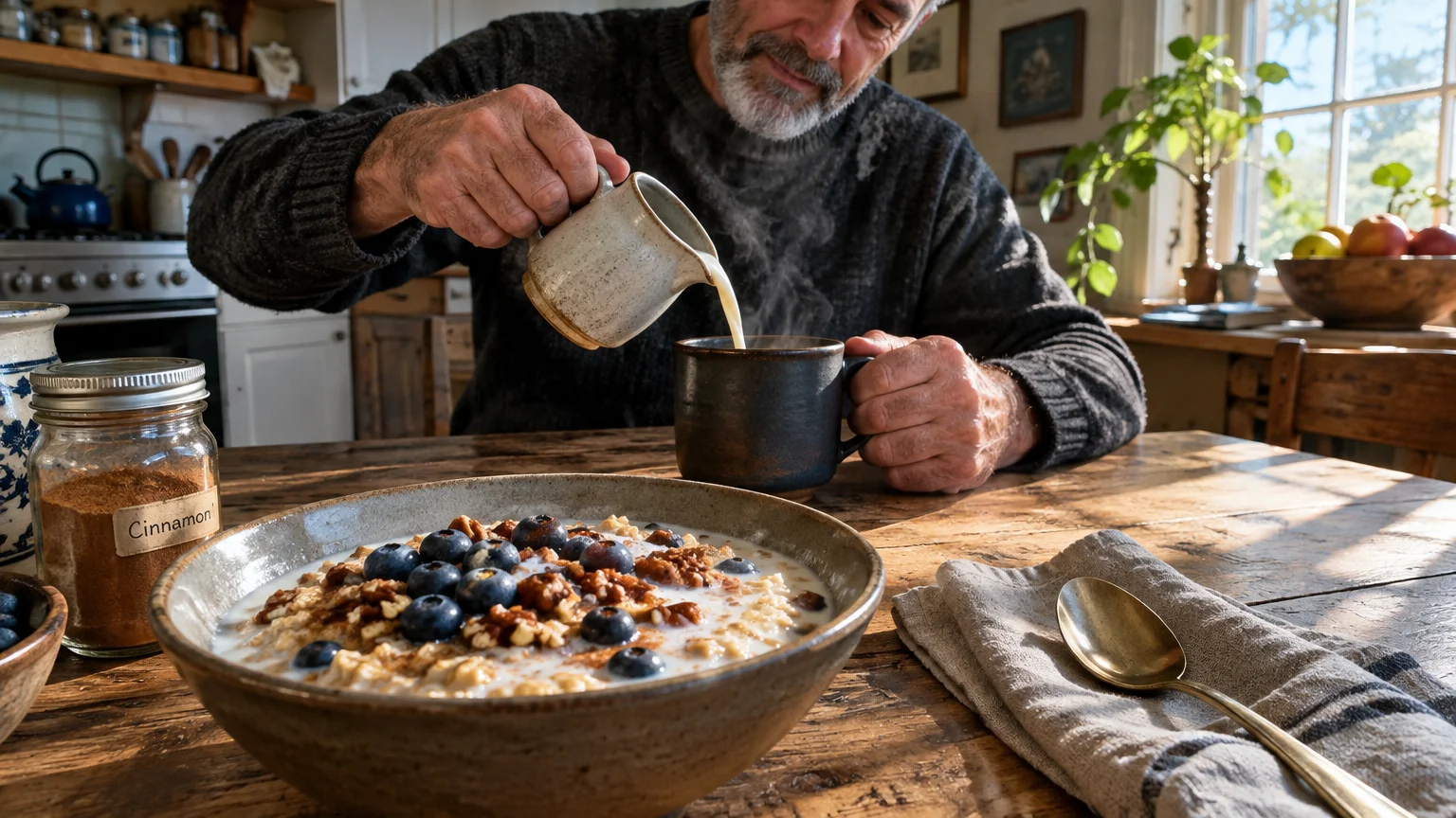 A man pouring milk into a steaming mug at a rustic wooden table beside a bowl of oatmeal and blueberries.