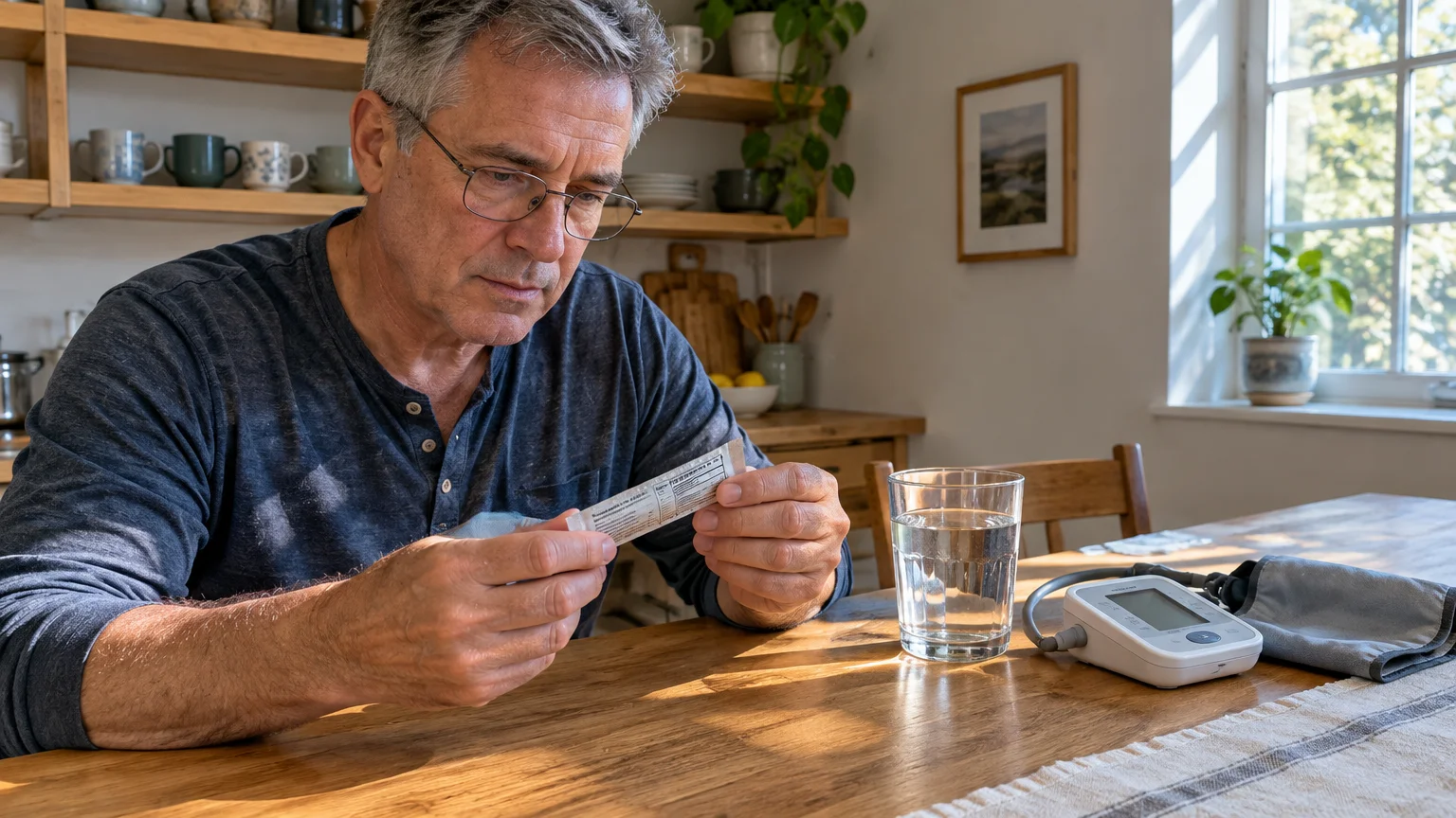 A man wearing glasses sits at a table reading an electrolyte packet label next to a water glass and blood pressure monitor.