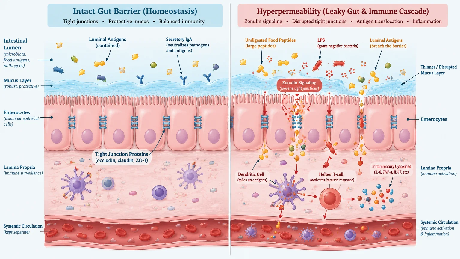 Medical diagram comparing an intact gut barrier during homeostasis to hyperpermeability and immune cascade in a leaky gut.