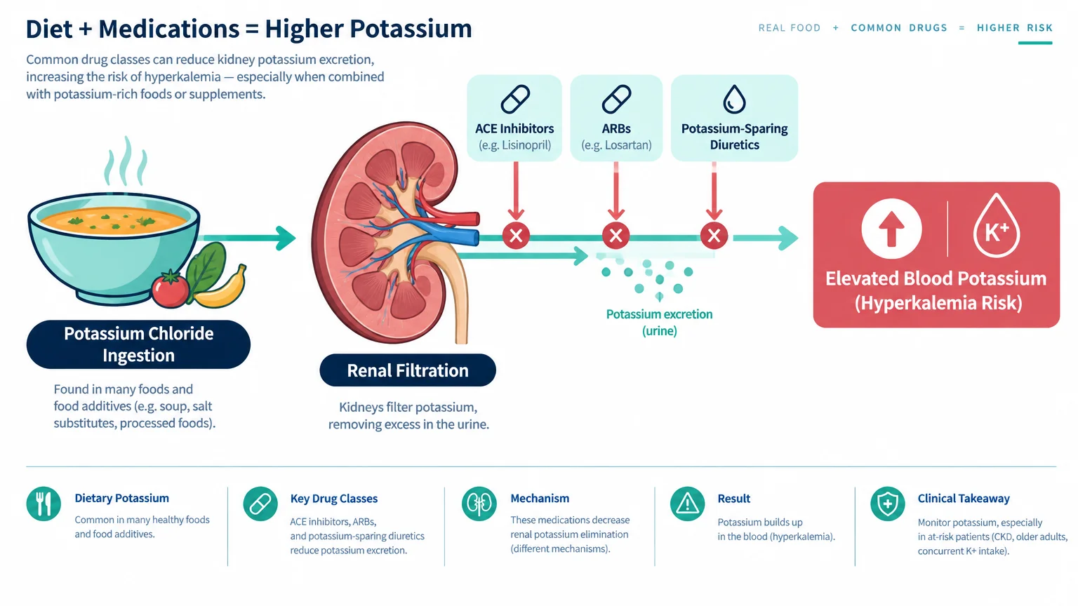 Diagram showing dietary potassium ingestion, kidney filtration blocked by medications, leading to elevated blood potassium.