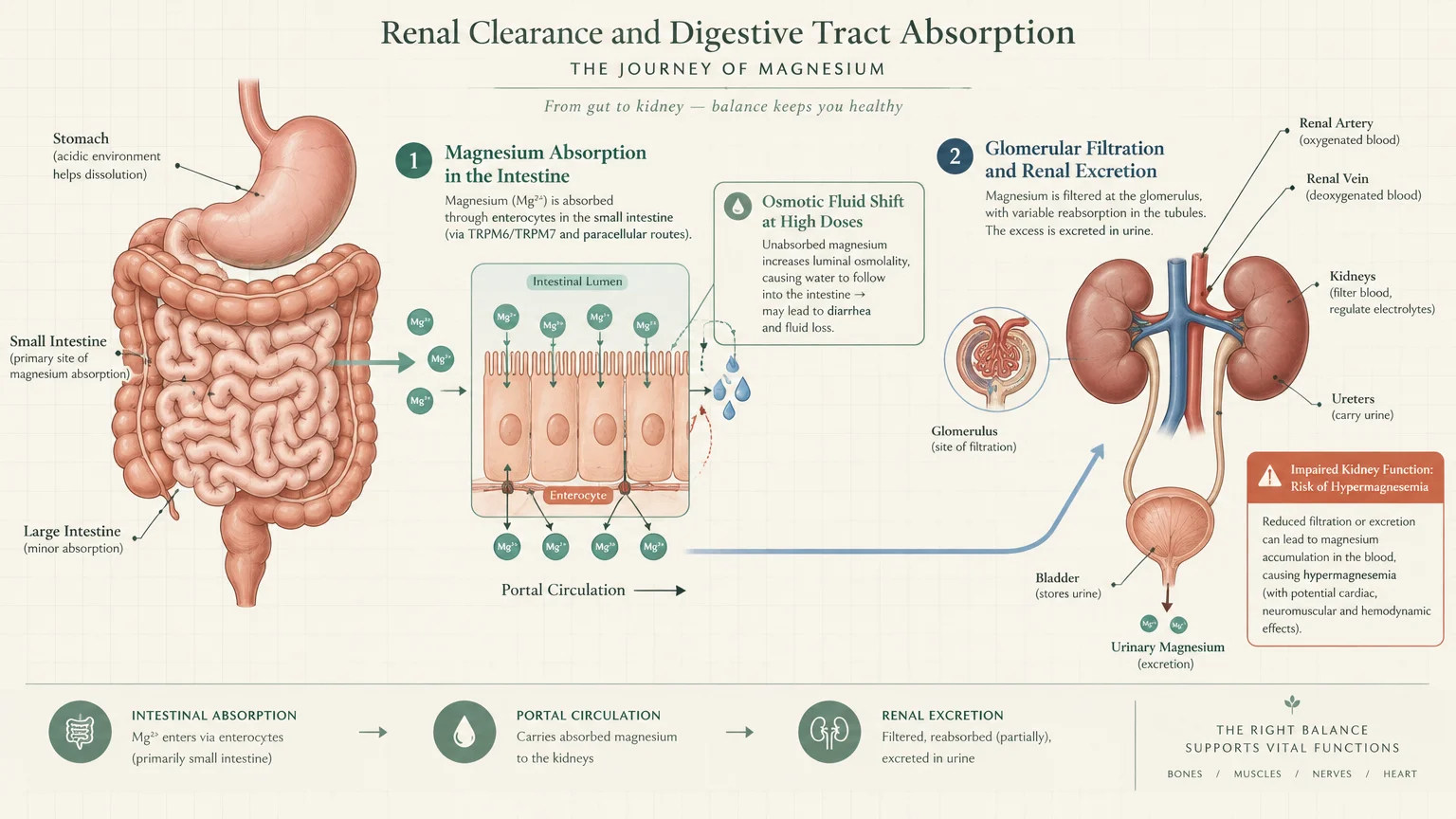 Medical diagram detailing magnesium absorption through the digestive tract and renal excretion via the kidneys.