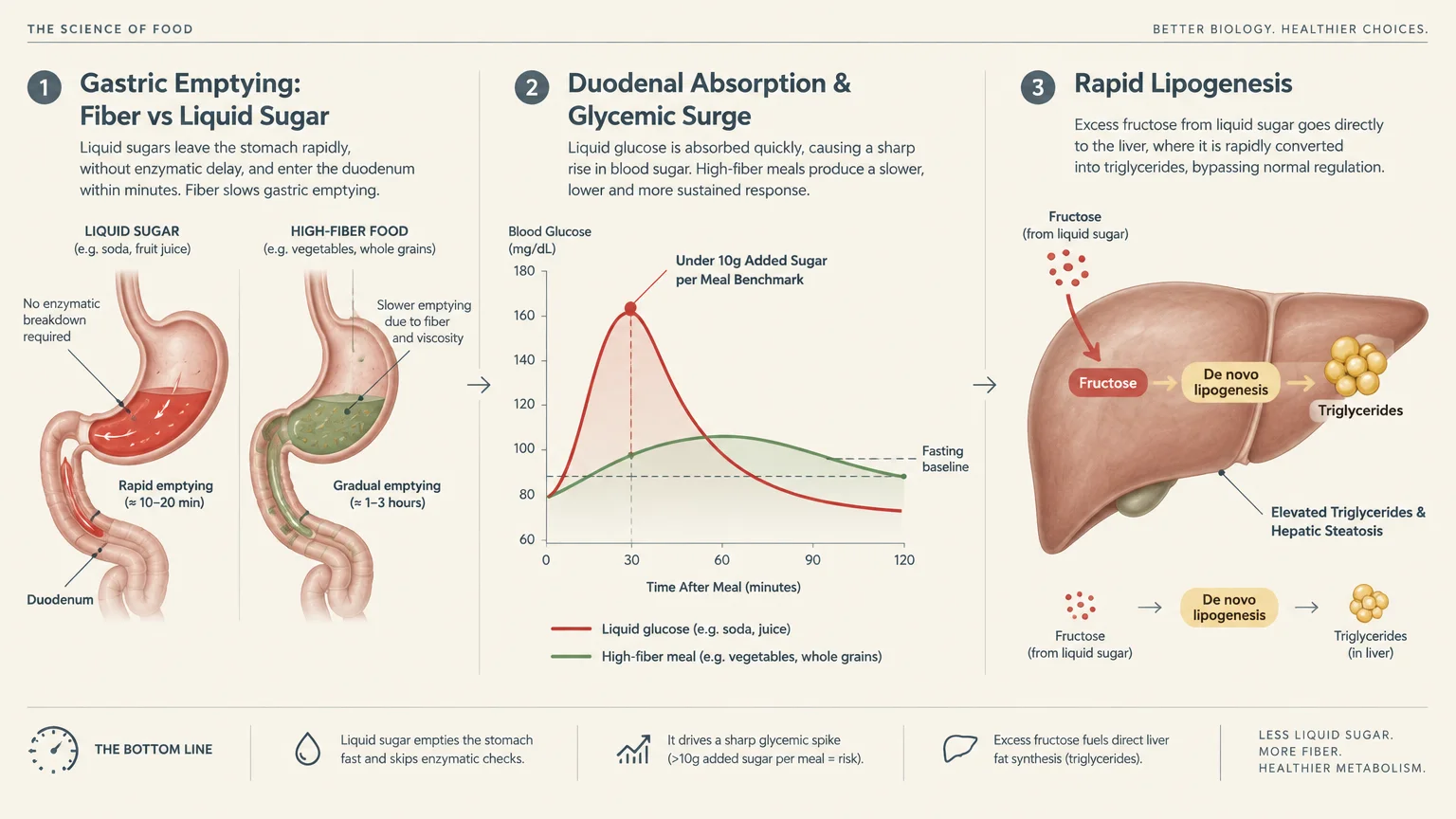 Three-part diagram comparing gastric emptying, blood glucose spikes, and liver lipogenesis between liquid sugar and fiber.