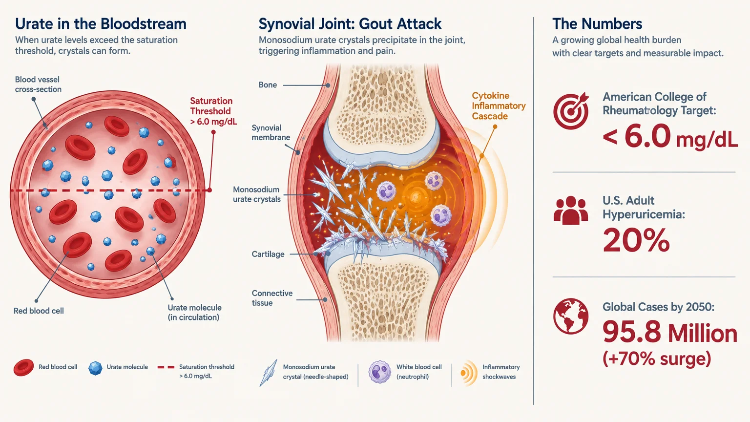 Medical infographic showing urate in a blood vessel, crystal buildup in an inflamed synovial joint, and health statistics.
