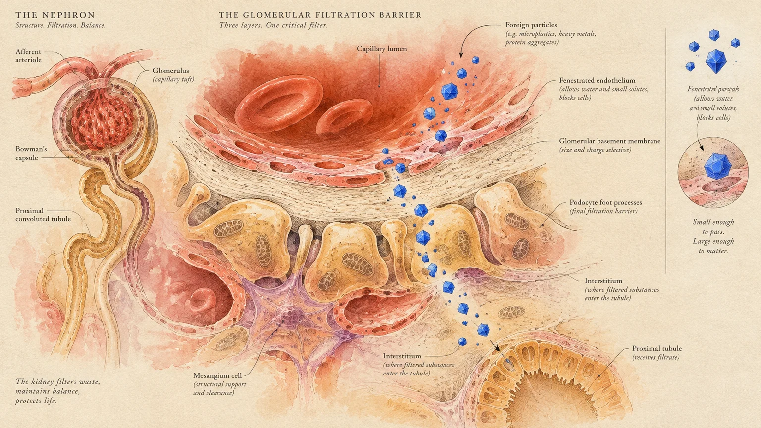 Medical diagram showing blue foreign particles passing through the kidney's glomerular filtration barrier into a tubule.