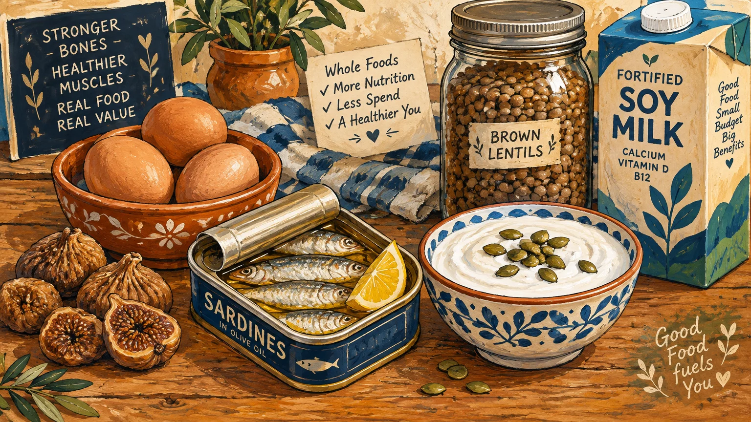 Illustration of eggs, canned sardines, yogurt with seeds, dried figs, brown lentils in a jar, and fortified soy milk.