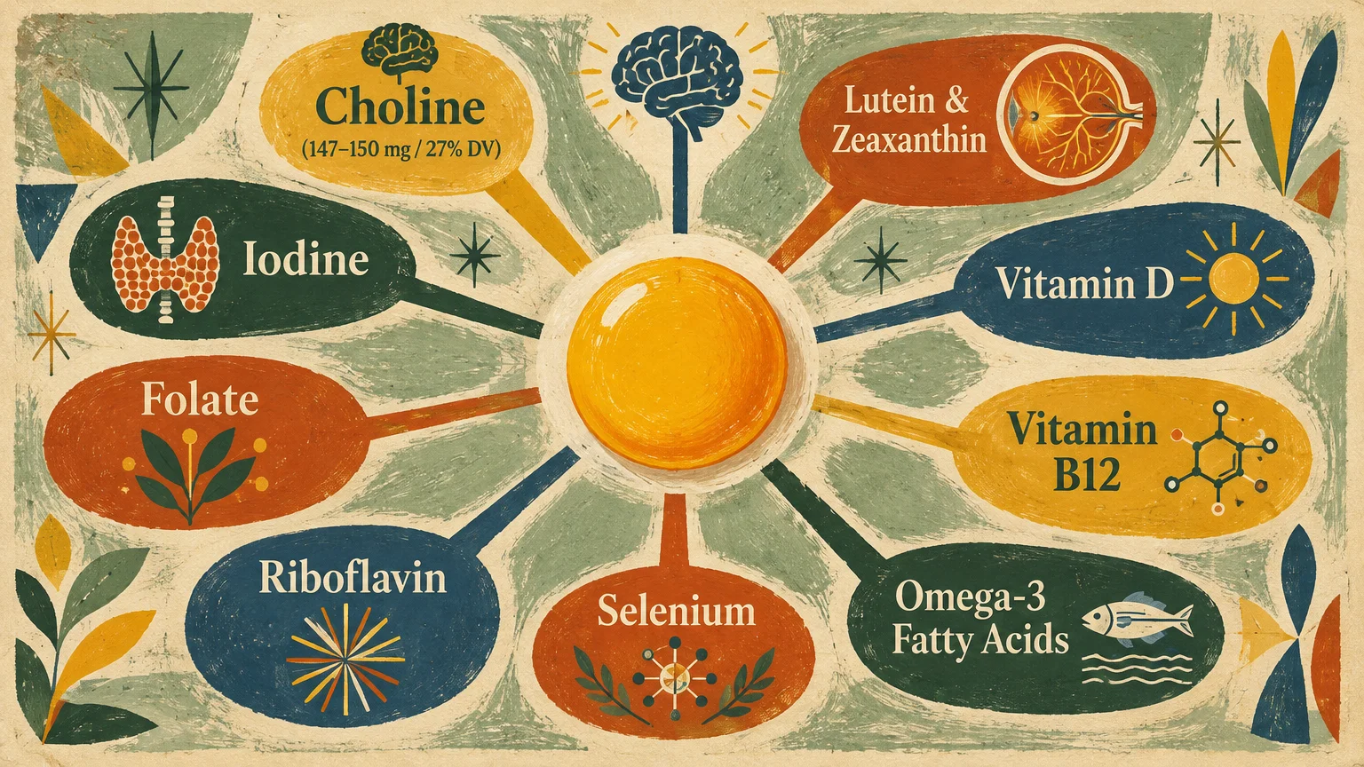 Illustrated diagram radiating from an egg yolk to nine bubbles listing nutrients like choline, iodine, and vitamins.