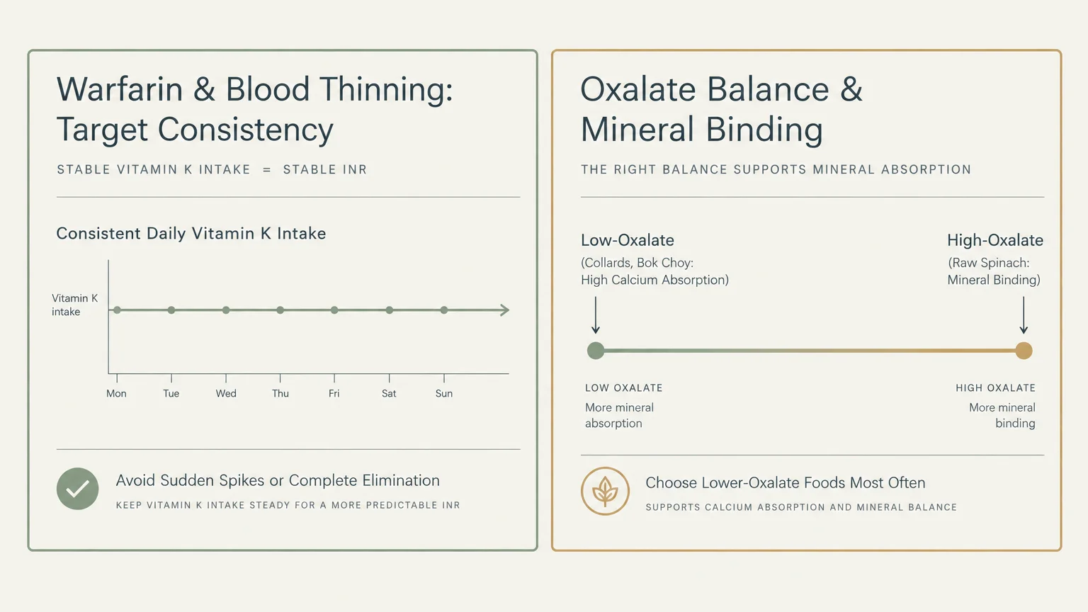Diagram comparing daily consistent vitamin K intake for warfarin therapy alongside a scale of low to high oxalate greens.