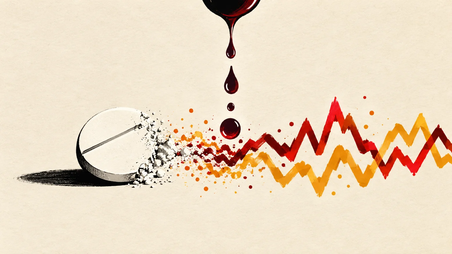Illustration of dark red liquid dripping onto a crumbling white pill that dissolves into red and orange jagged lines.
