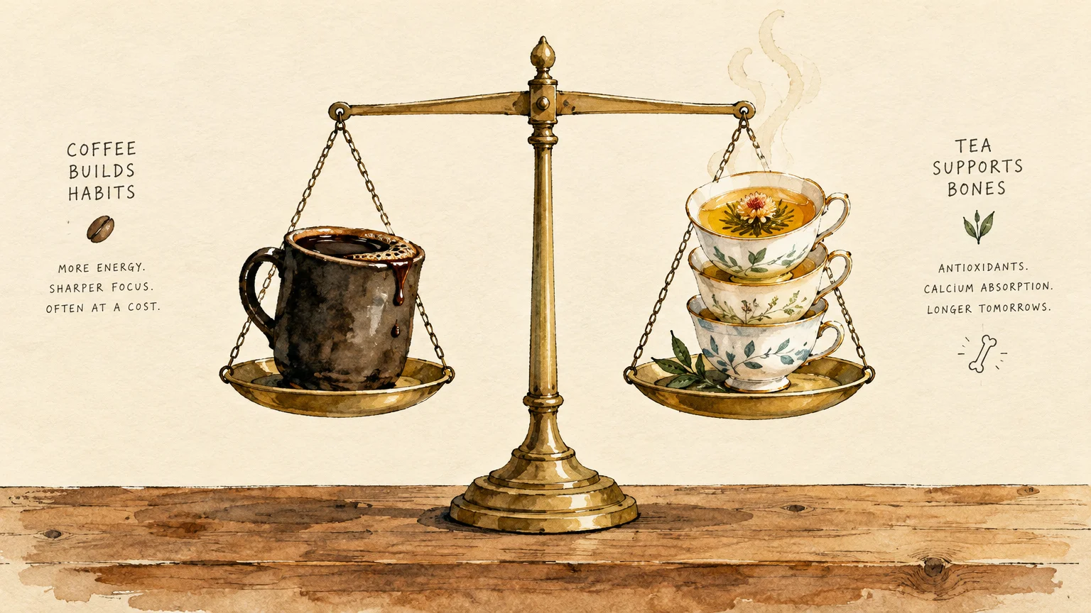 A brass balance scale weighing a dark mug of coffee against three stacked porcelain teacups on a wooden table.