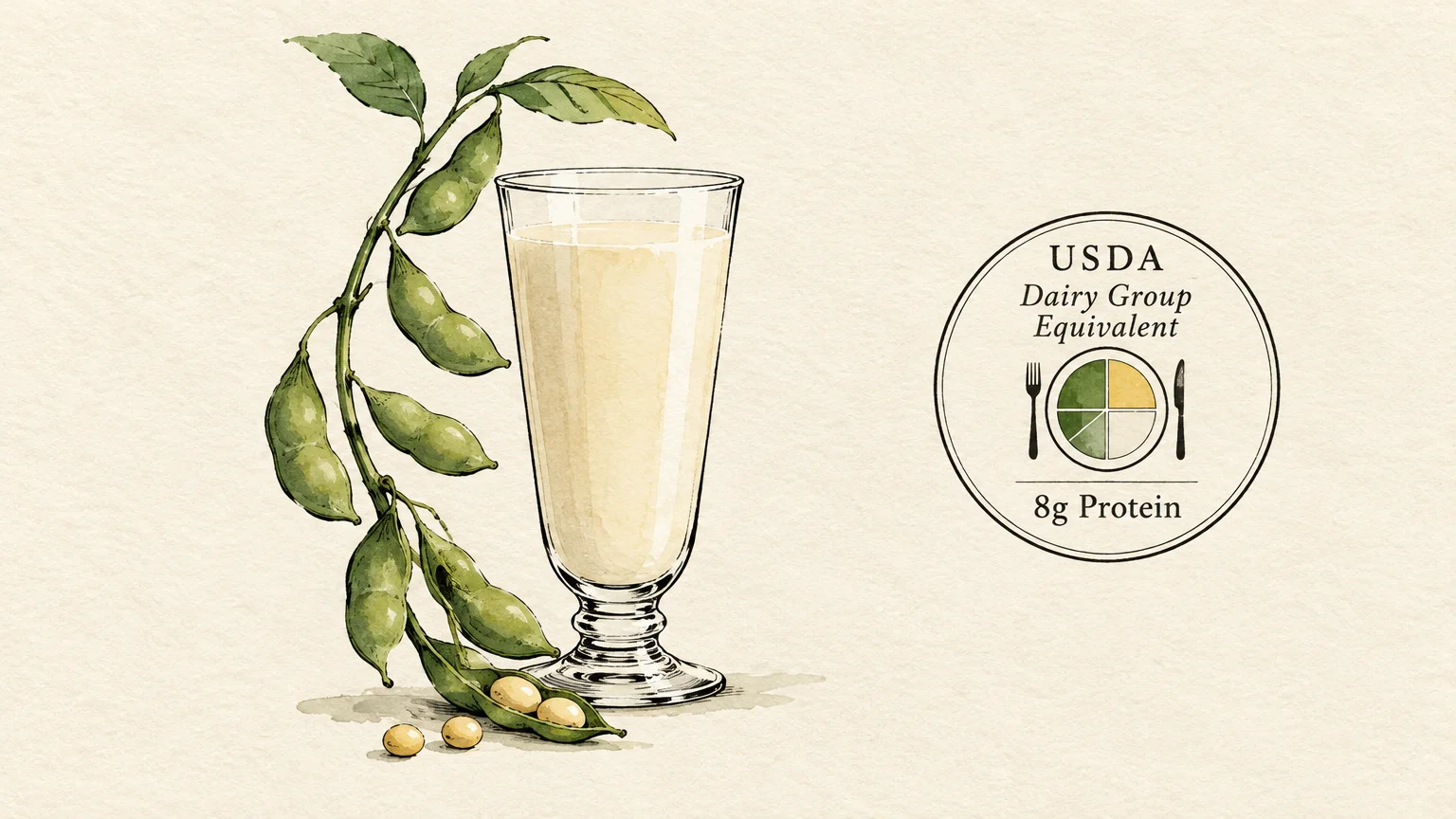 A glass of soy milk beside a soybean vine with pods and a USDA Dairy Group Equivalent badge.