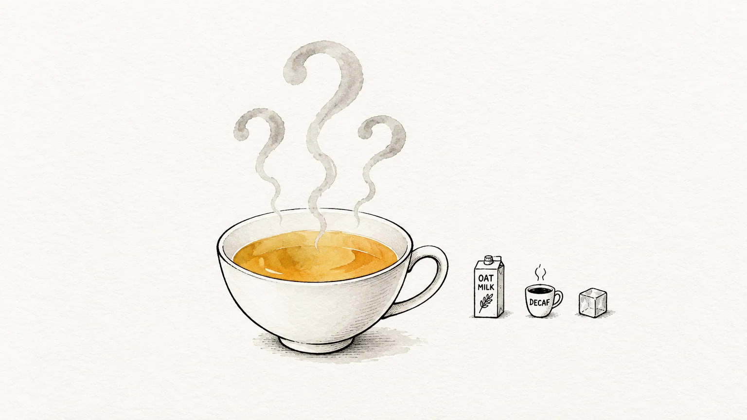 A teacup with steam forming question marks beside oat milk, a decaf cup, and an ice cube.