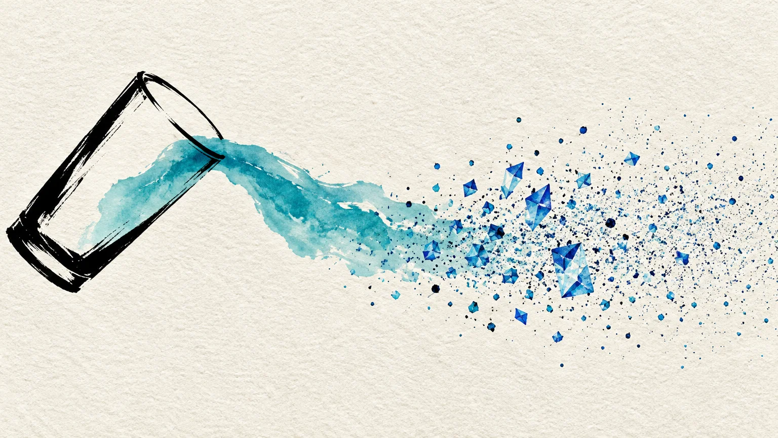 Illustration of a glass pouring blue water that breaks into geometric crystal shards and tiny specks on textured paper.