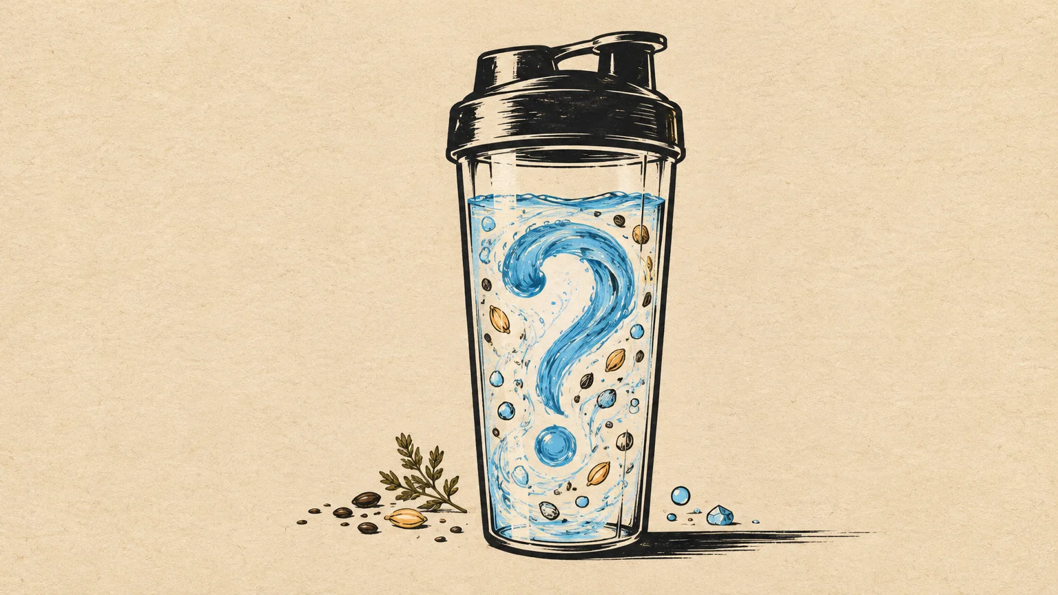 Illustration of a shaker bottle filled with swirling blue water forming a question mark, surrounded by seeds and herbs.
