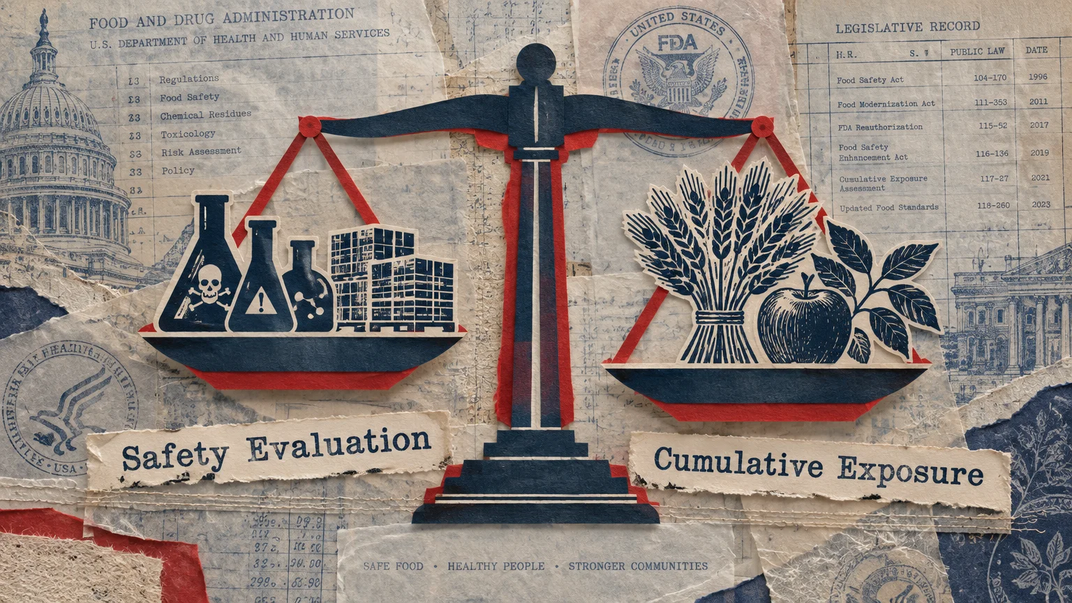 Paper collage of scales balancing chemical beakers against wheat and an apple, above government document cutouts.