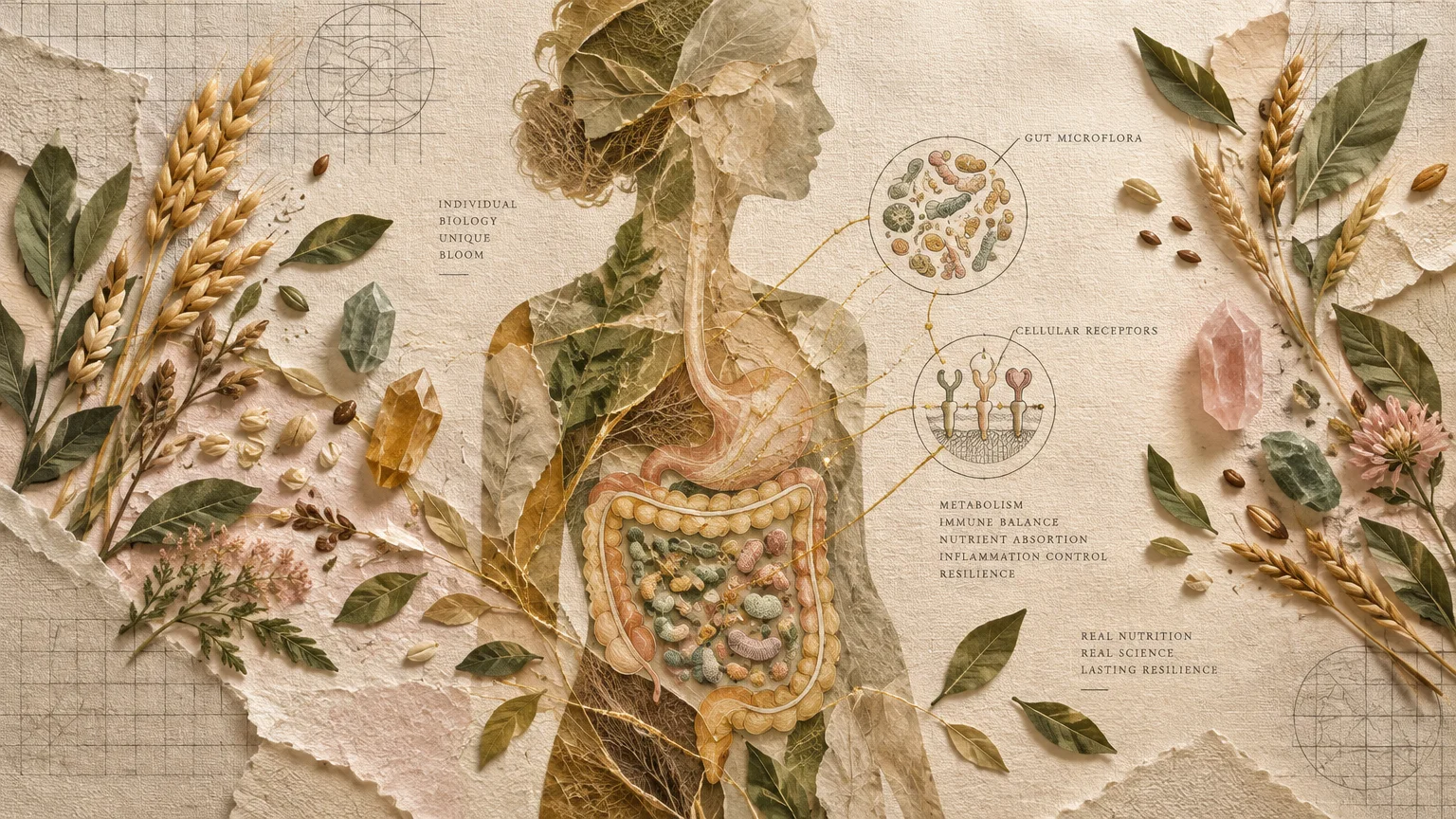 Collage of a human silhouette showing the digestive system surrounded by wheat stalks, leaves, and mineral crystals.