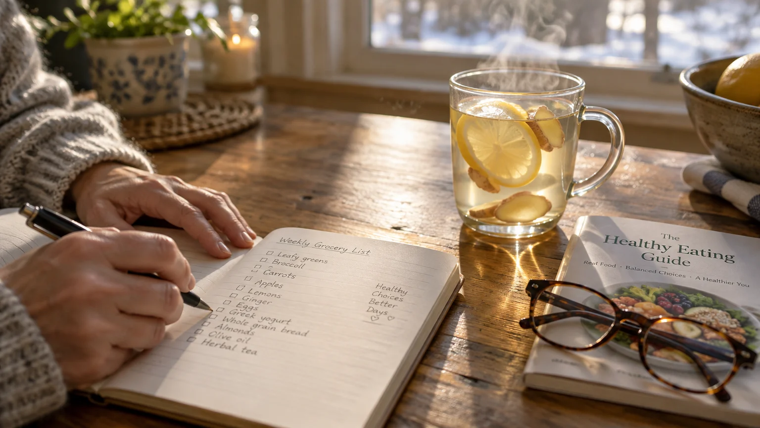A person writing a grocery list in a notebook beside a mug of lemon ginger tea, eyeglasses, and a health guide book.