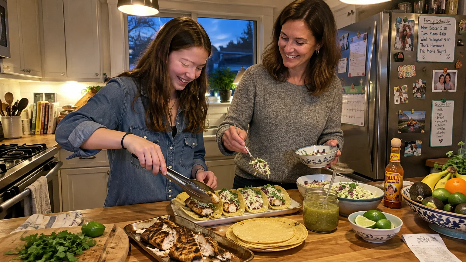 A woman and a girl prepare grilled fish tacos with cabbage slaw and tortillas together at a kitchen counter.
