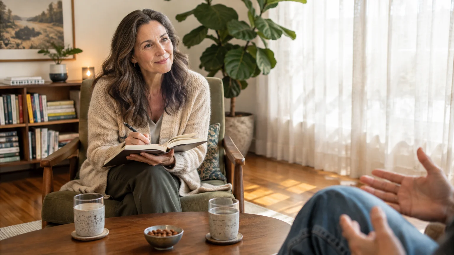 A therapist in an armchair takes notes in a journal while listening to an unseen client gesturing across a coffee table.