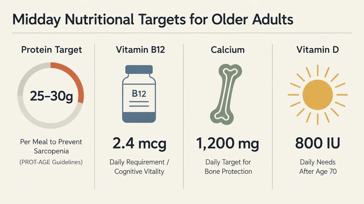 Diagram of midday nutritional targets for older adults: protein, vitamin B12, calcium, and vitamin D with daily amounts.