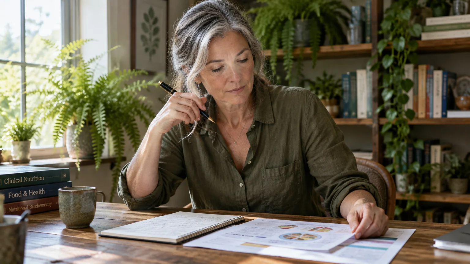A woman with graying hair sits at a wooden desk holding a pen, reviewing nutrition charts, notes, and textbooks.