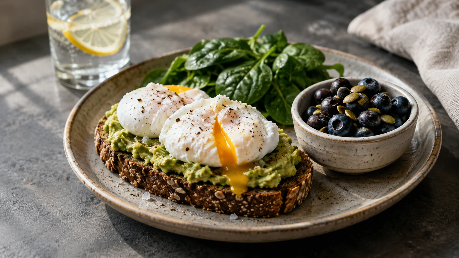 Avocado toast topped with poached eggs, served with fresh baby spinach, blueberries, pumpkin seeds, and lemon water.