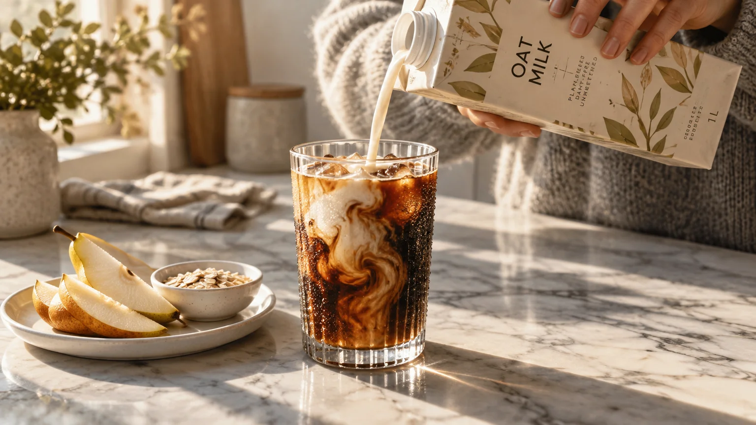 A carton pouring oat milk into a glass of iced coffee beside sliced pears and oats on a marble counter.