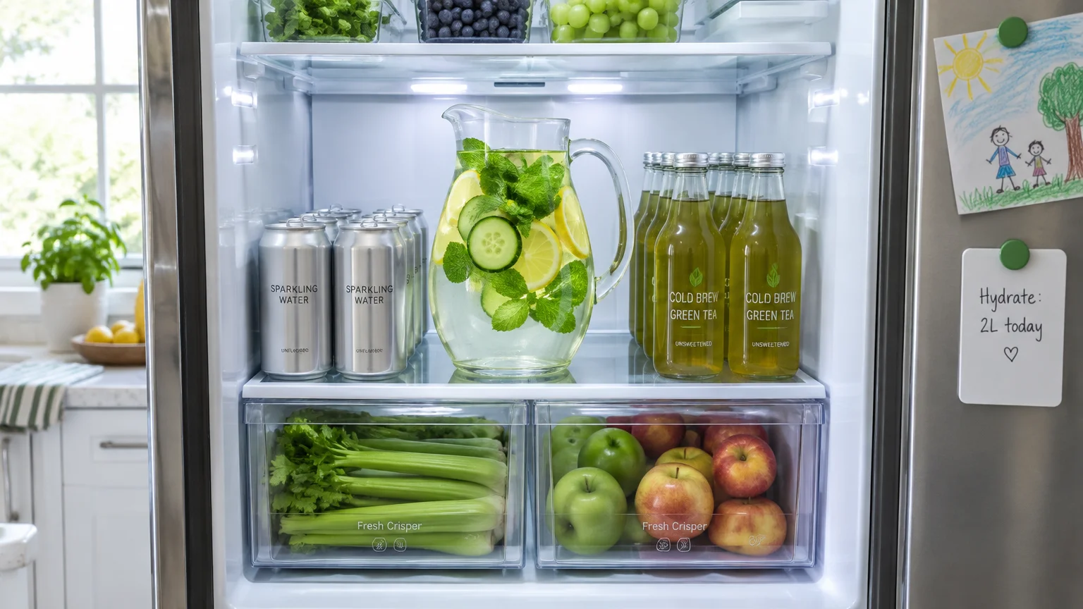 Open refrigerator stocked with canned sparkling water, bottled cold brew green tea, and infused water in a glass pitcher.