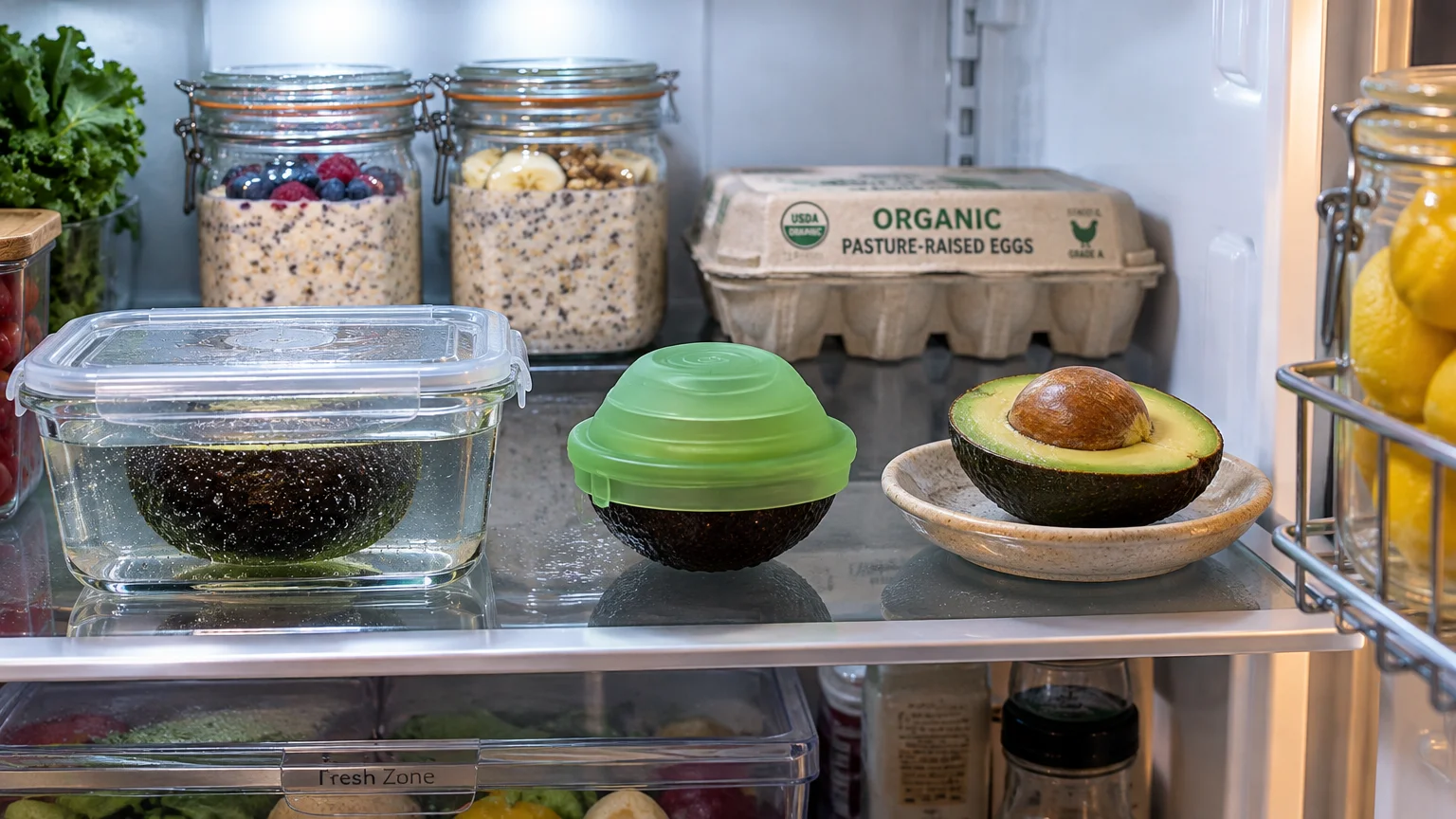 Three avocado halves stored in water, under a green silicone saver, and on a plate inside a refrigerator.