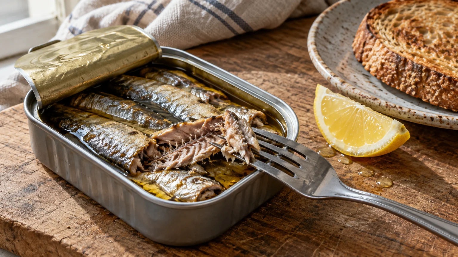 An open tin of sardines in olive oil with a fork, lemon wedge, and toasted bread on a rustic wooden table.