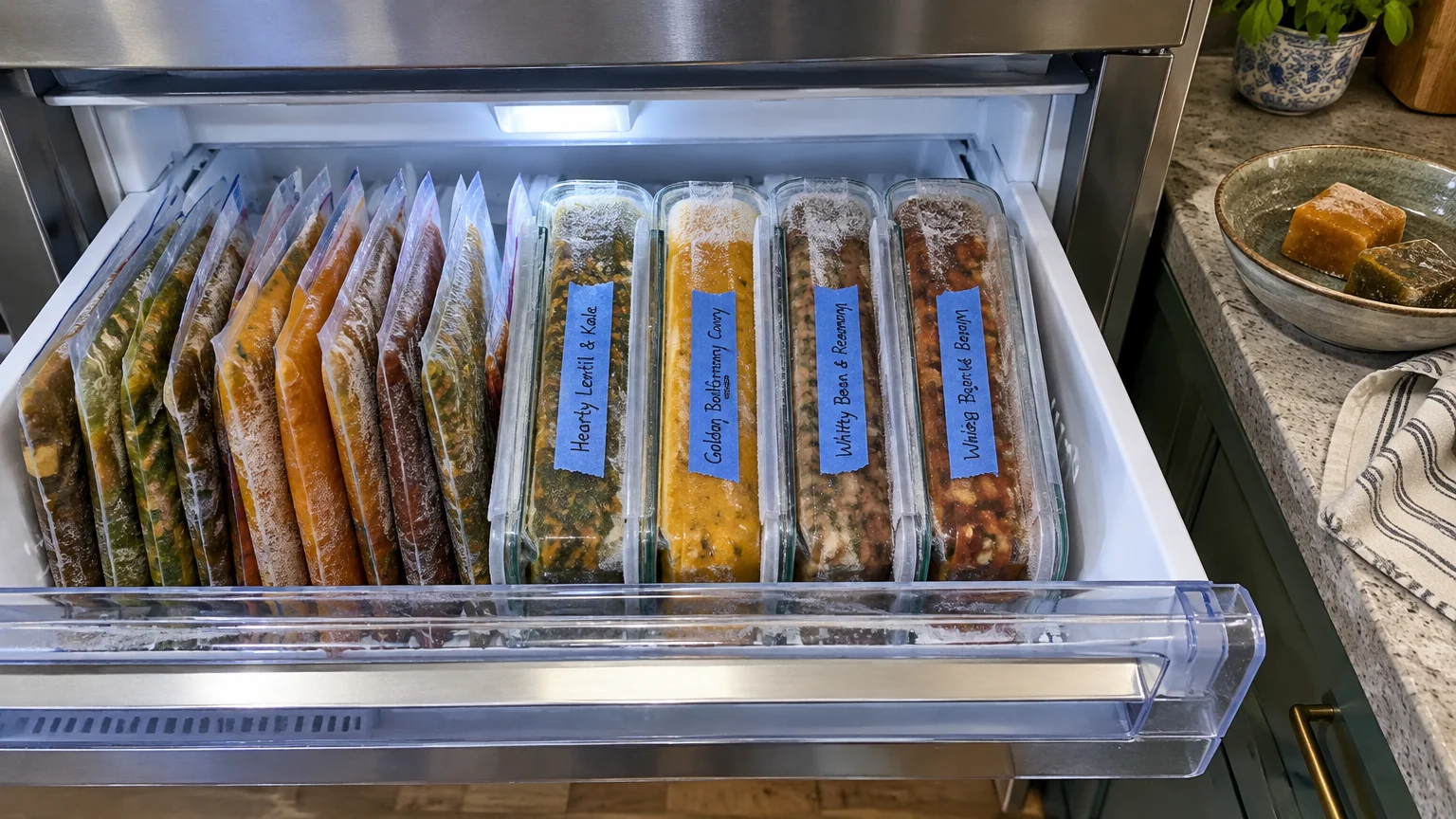Open freezer drawer neatly organized with upright plastic bags and glass containers of frozen homemade soups.