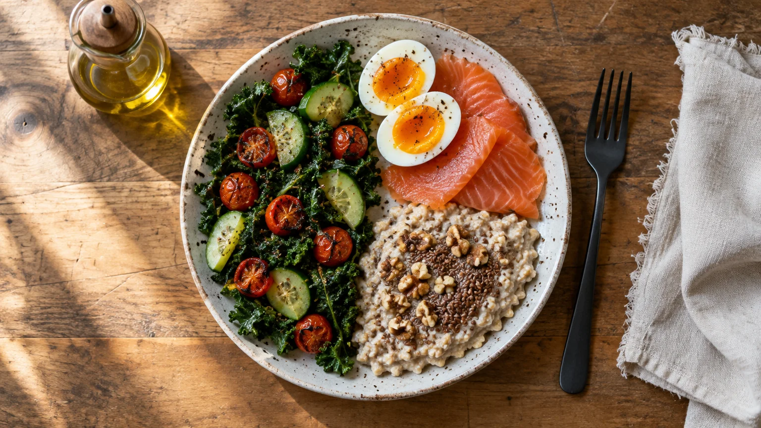Breakfast bowl with oatmeal topped with walnuts, smoked salmon, soft-boiled eggs, and a kale salad with cucumbers and tomatoes.