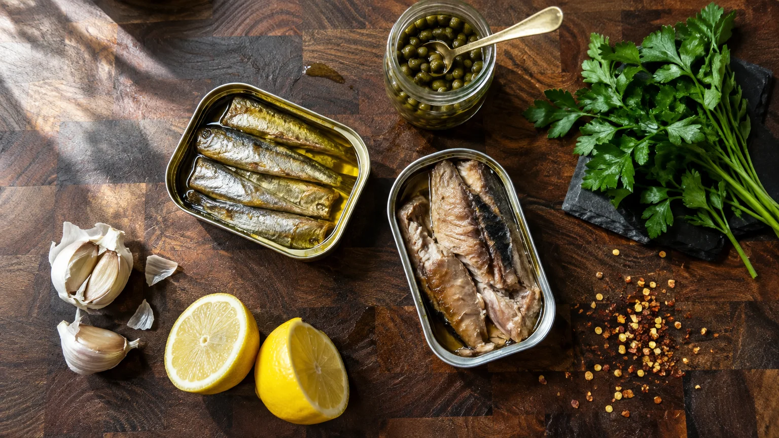 Tinned fish open on a dark wood board alongside lemon halves, capers in a jar, garlic cloves, parsley, and red pepper flakes.