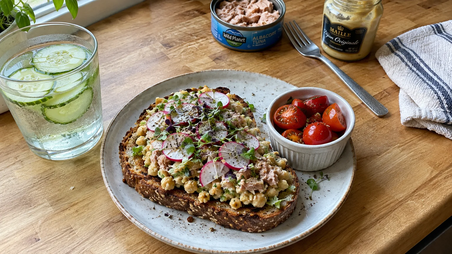 Tuna and chickpea salad toast topped with radishes and sprouts, beside cherry tomatoes and cucumber water.