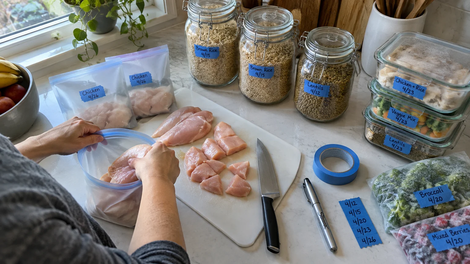 Hands place raw chicken into a plastic bag on a counter with labeled glass jars and meal prep containers.