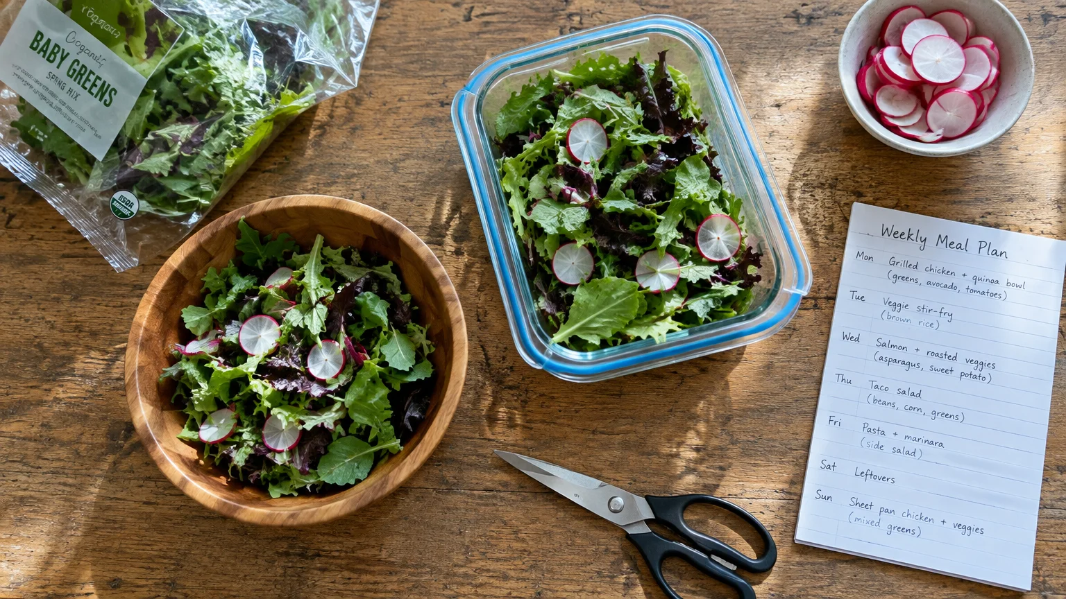 Bowls and containers of mixed greens with sliced radishes on a wooden table beside scissors and a handwritten meal plan.