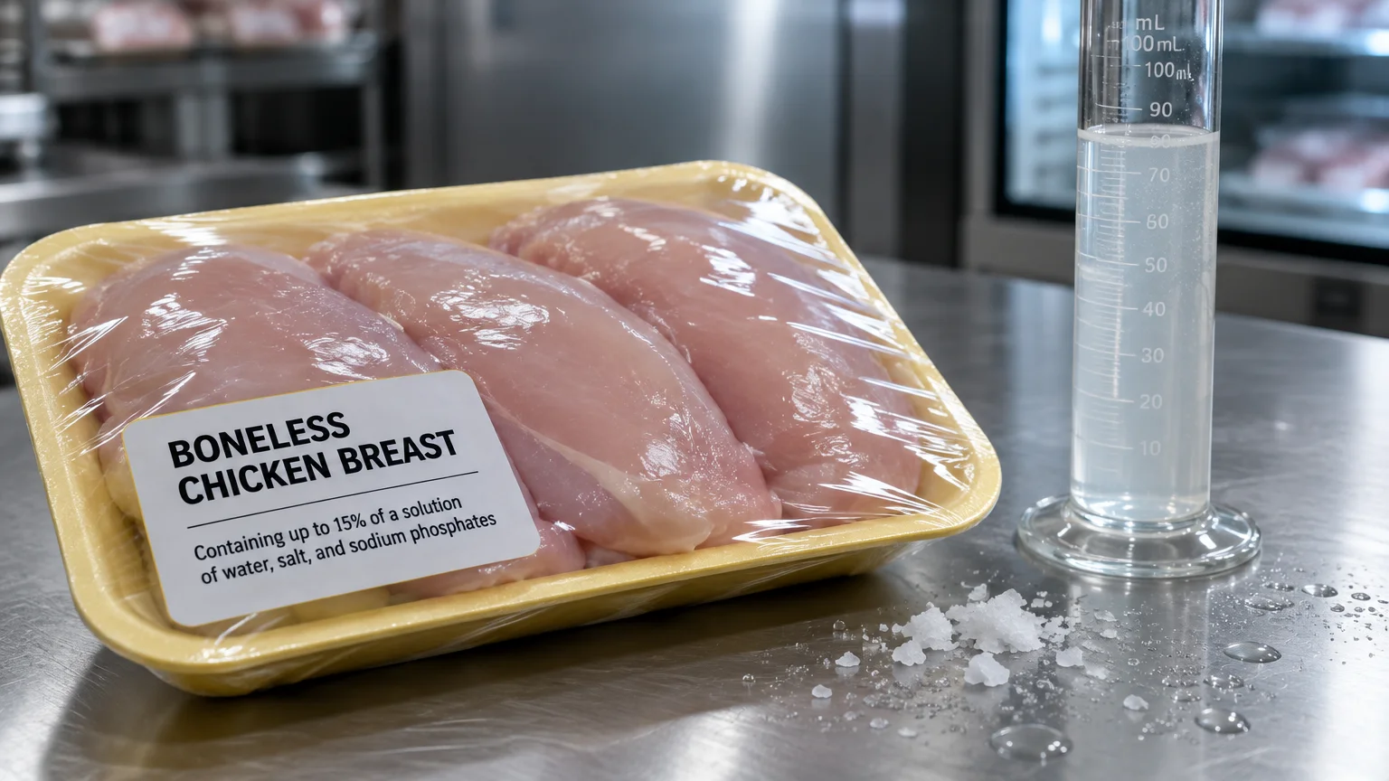 Packaged raw chicken breasts with a solution label beside a graduated cylinder of water and spilled salt.