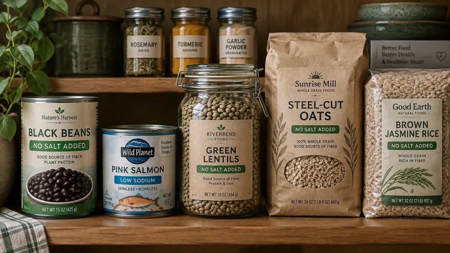 Canned black beans, salmon, jarred lentils, steel-cut oats, and brown jasmine rice arranged on a wooden kitchen pantry shelf.
