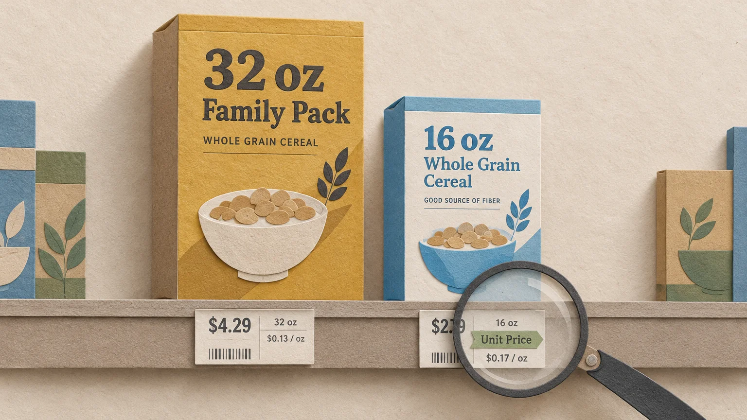 Paper craft cereal boxes on a shelf with price tags, inspected through a magnifying glass highlighting the unit price.