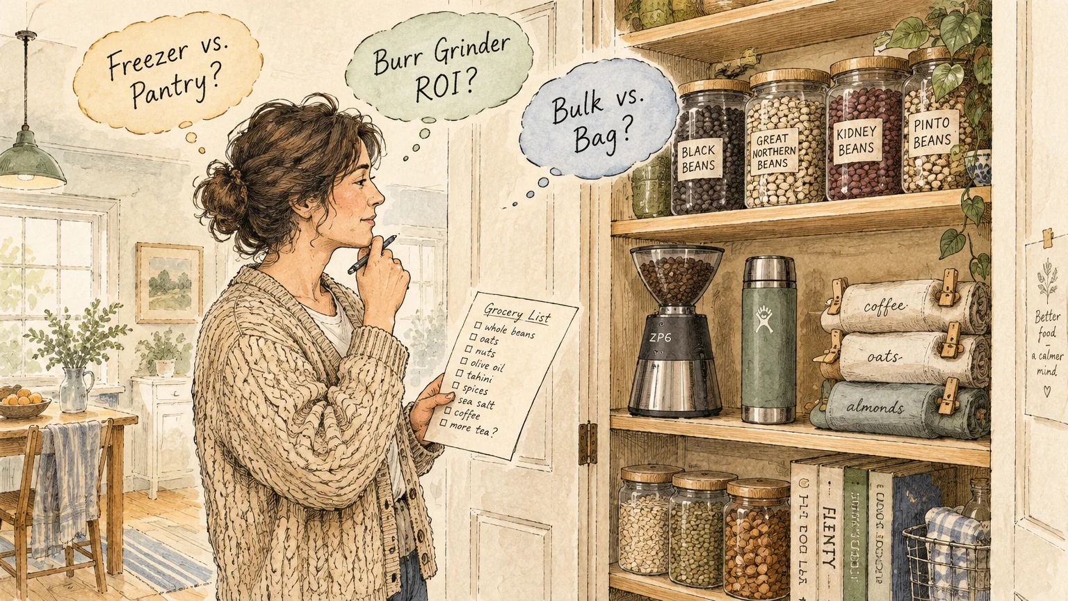 Illustration of a woman holding a grocery list beside an organized pantry featuring a coffee grinder and glass storage jars.